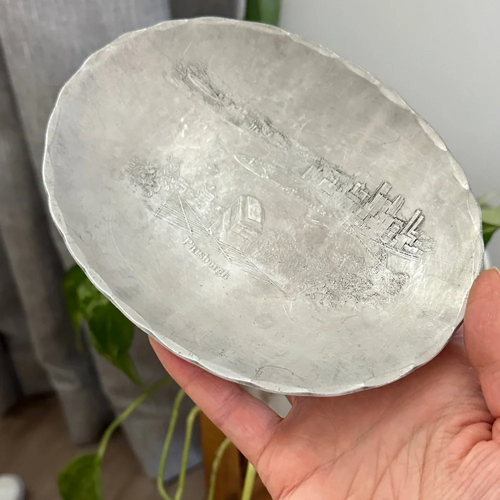Handcrafted Silver Colored Vintage Decorative Plate Signed & Stamped 1985
